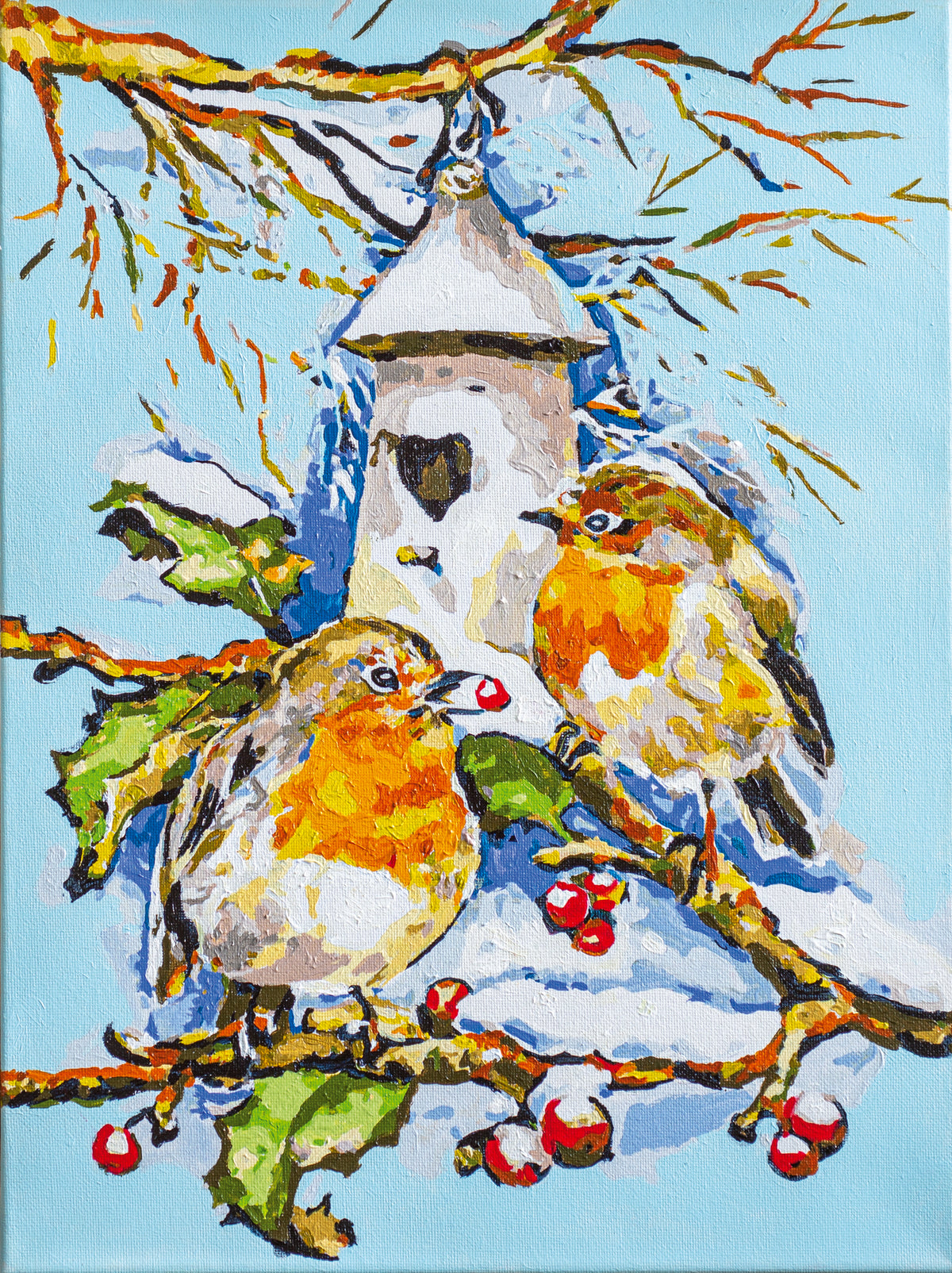 Painted picture of robins in a winter scene