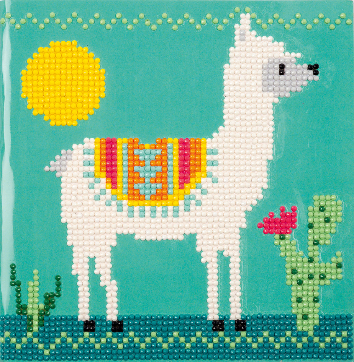 Diamond painted greeting card with a llama design
