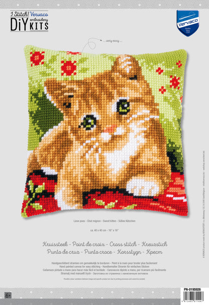 Cross stitch cushion with a sweet kitten