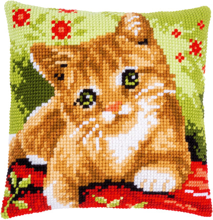 Cross stitch cushion with a sweet kitten