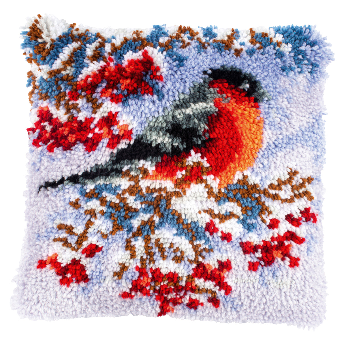 Latch hook cushion with a goldfinch in winter