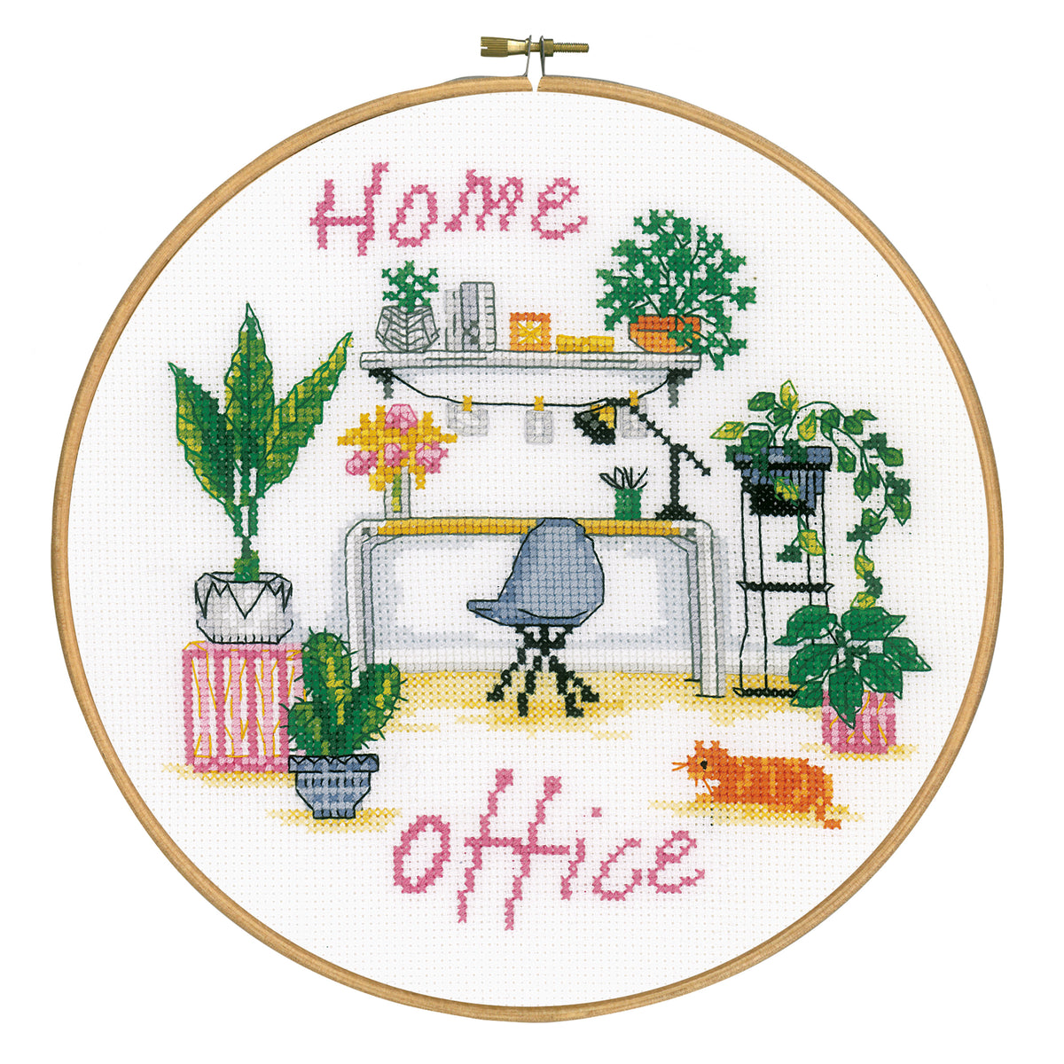 Cross stitched home office design in an embroidery hoop