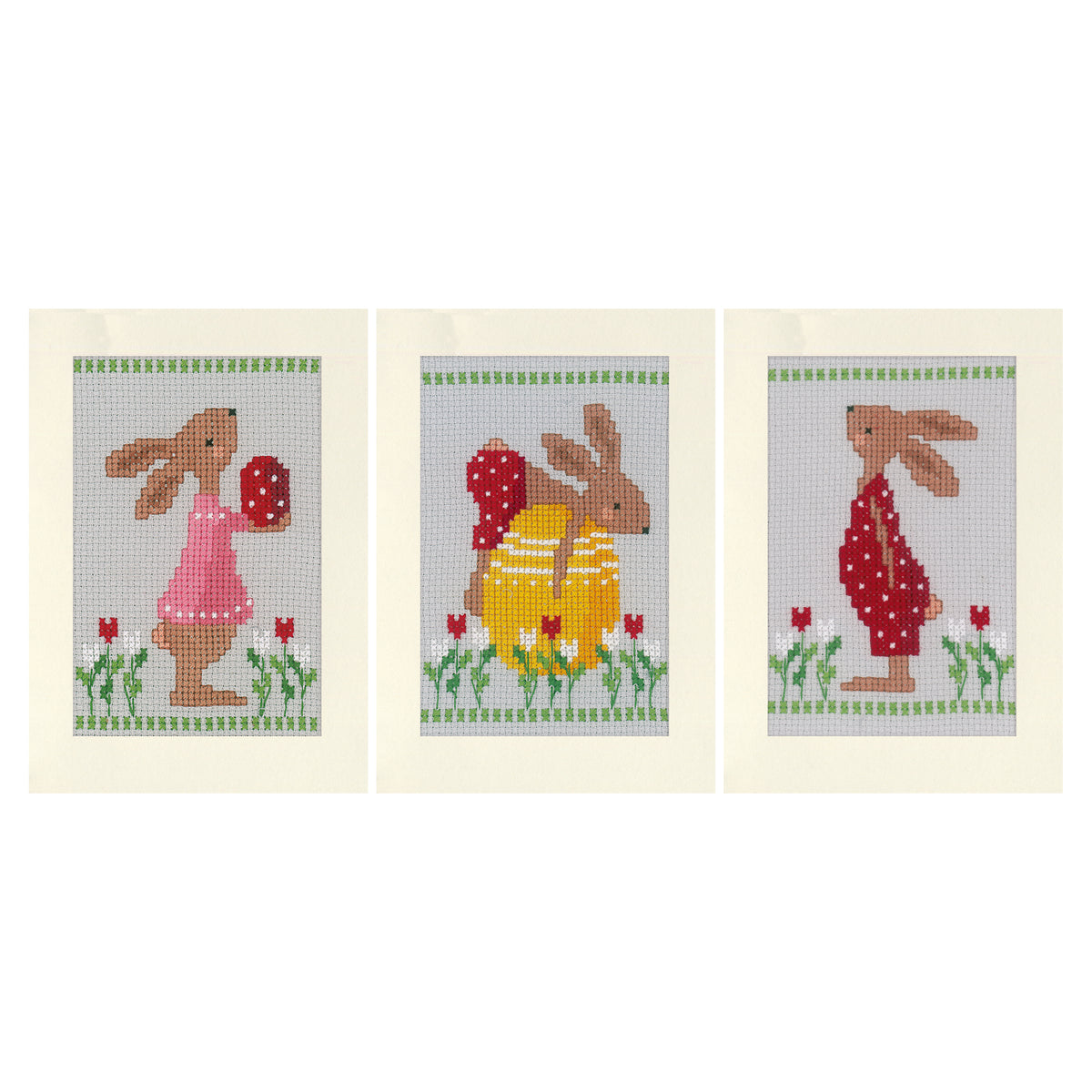 Three cross stitched Easter rabbit greeting cards