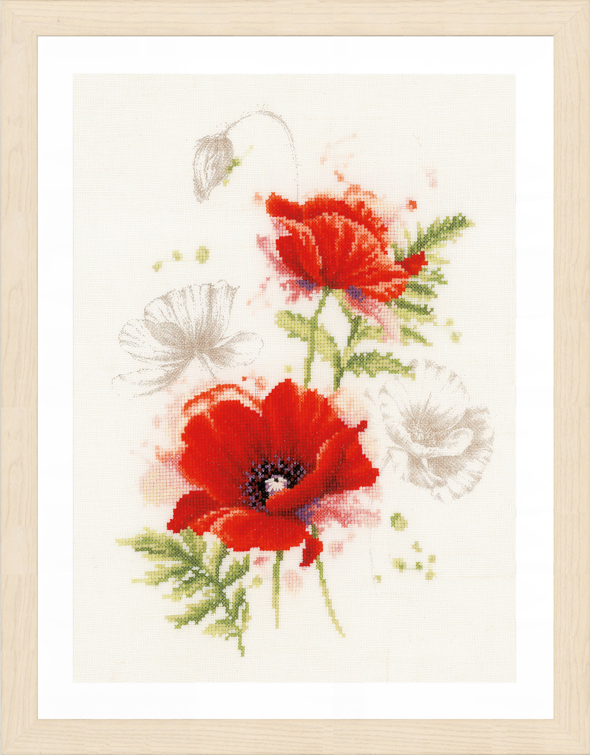 Cross stitched poppies on natural linen