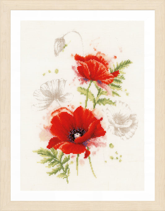 Cross stitched poppies on natural linen