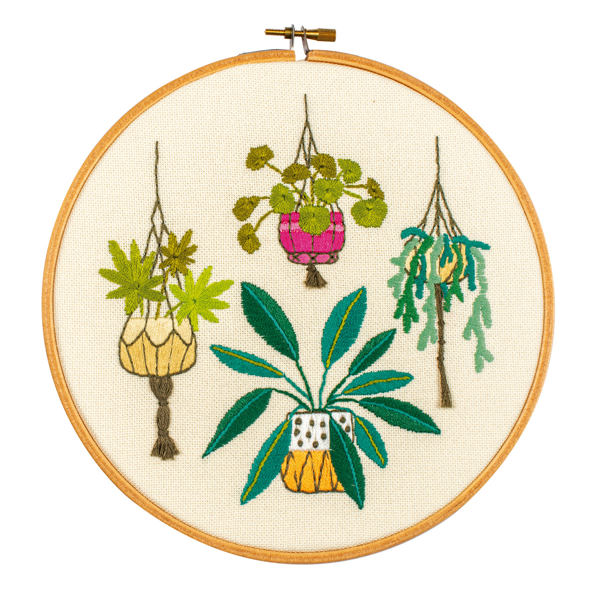 Embroidered house plants in an embroidery hoop