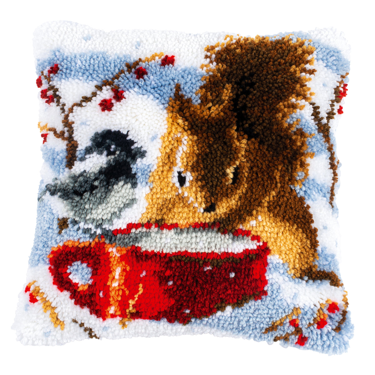 Latch hook cushion with a squirrel and a tit