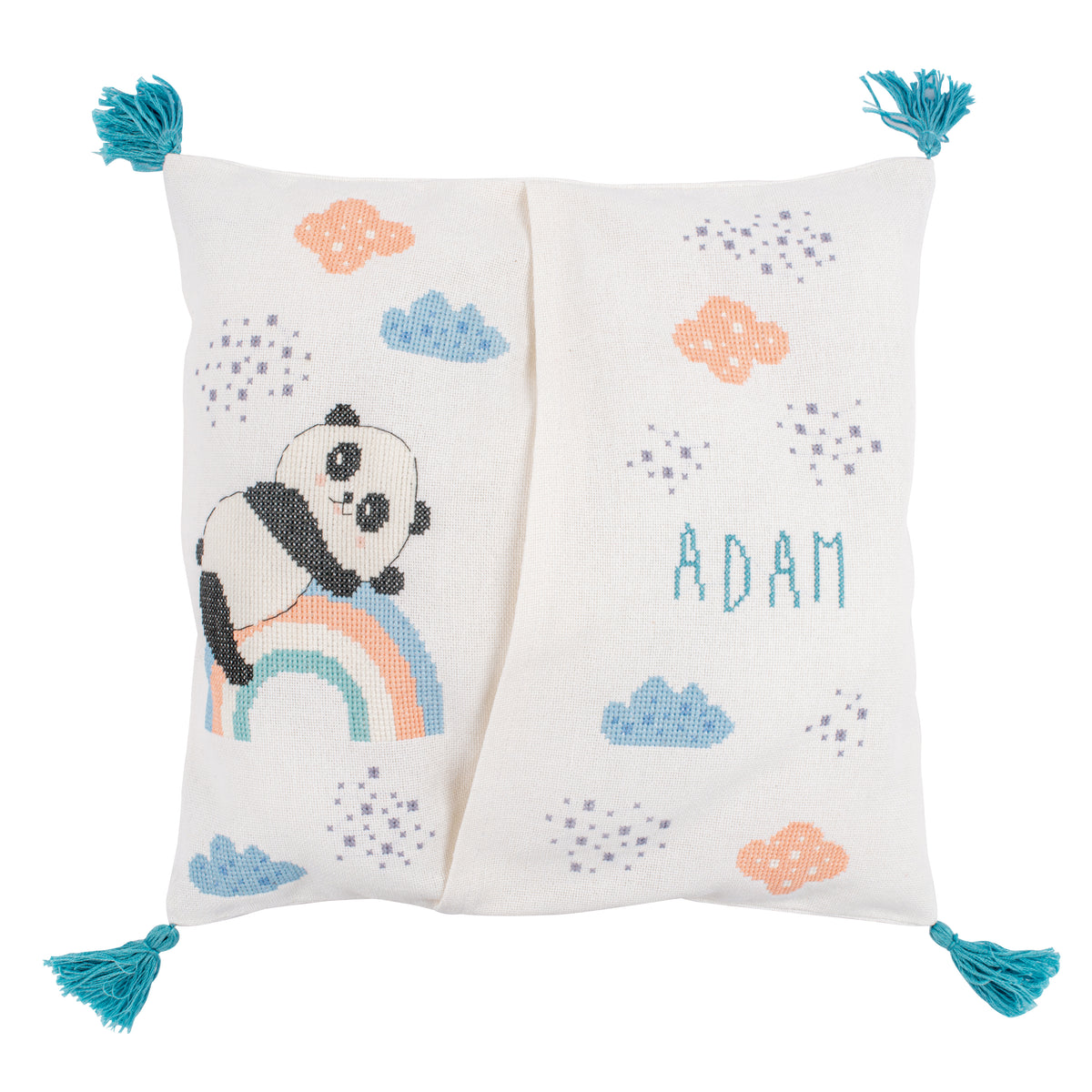 Cross stitched pyjama bag with a panda on a rainbow