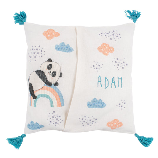 Cross stitched pyjama bag with a panda on a rainbow