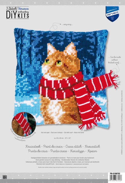Cat with Scarf cross stitch cushion design