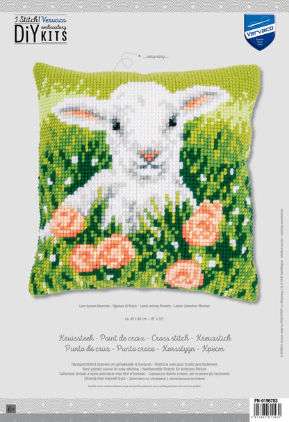 Lamb Among Flowers cross stitch cushion design