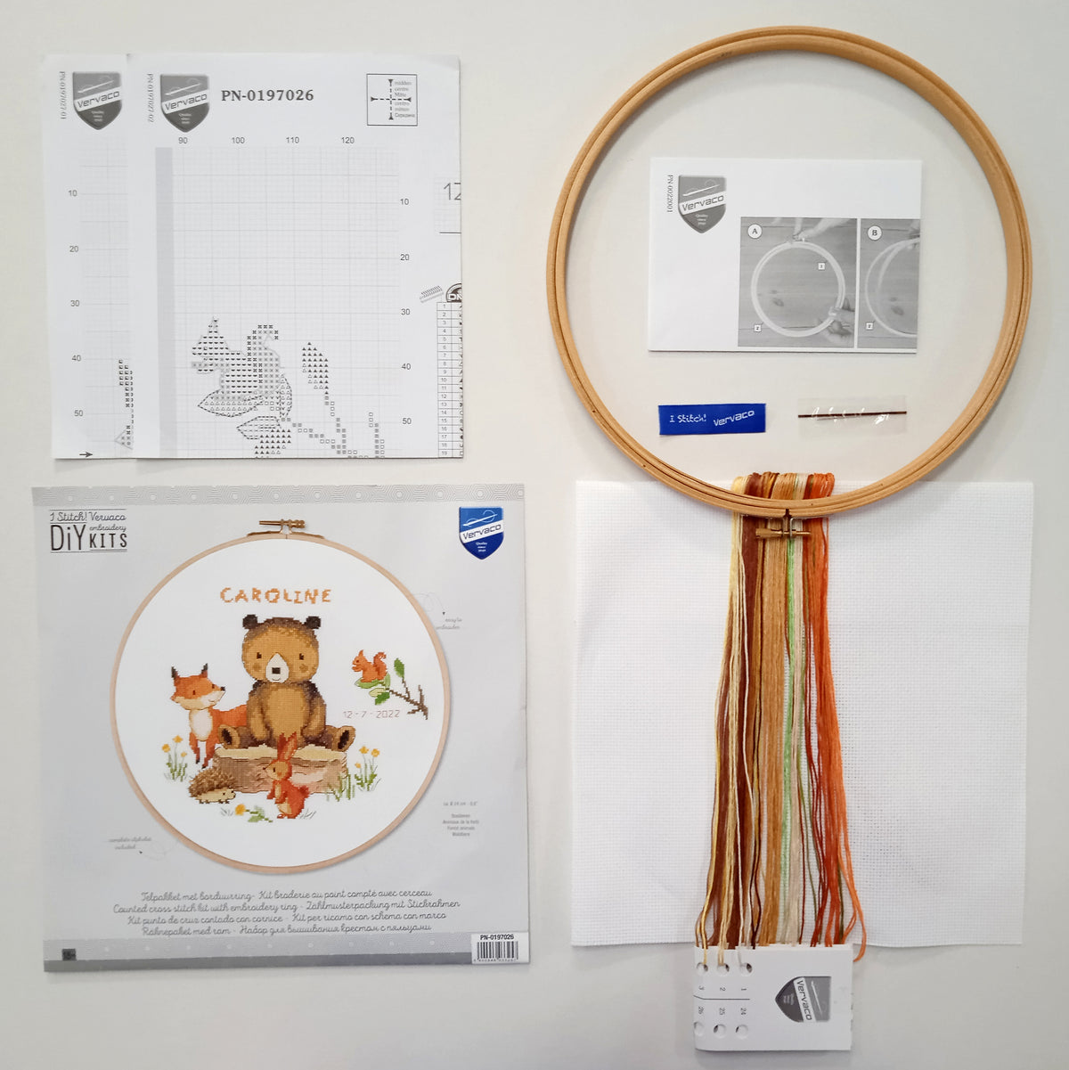 Forest animals cross stitch design in an embroidery hoop