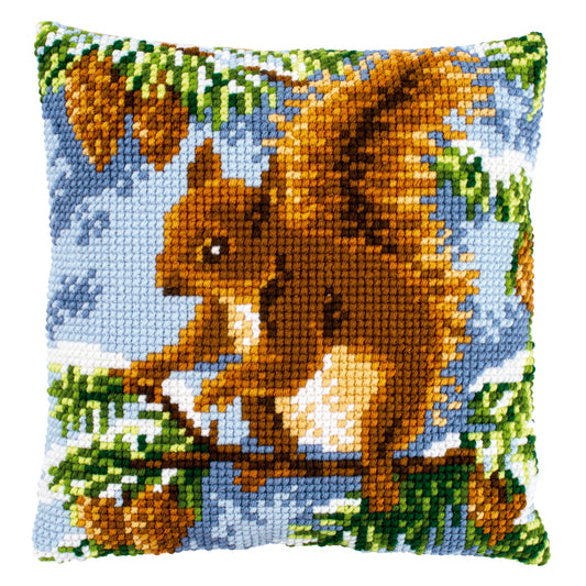 Squirrel in Pine Tree cross stitch cushion design