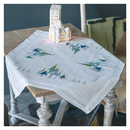 Embroidered tablecloth with modern pine trees