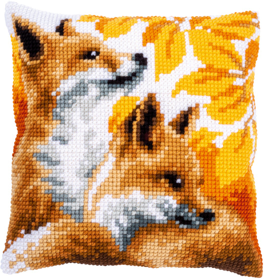 Cross stitch cushion with foxes in autumn