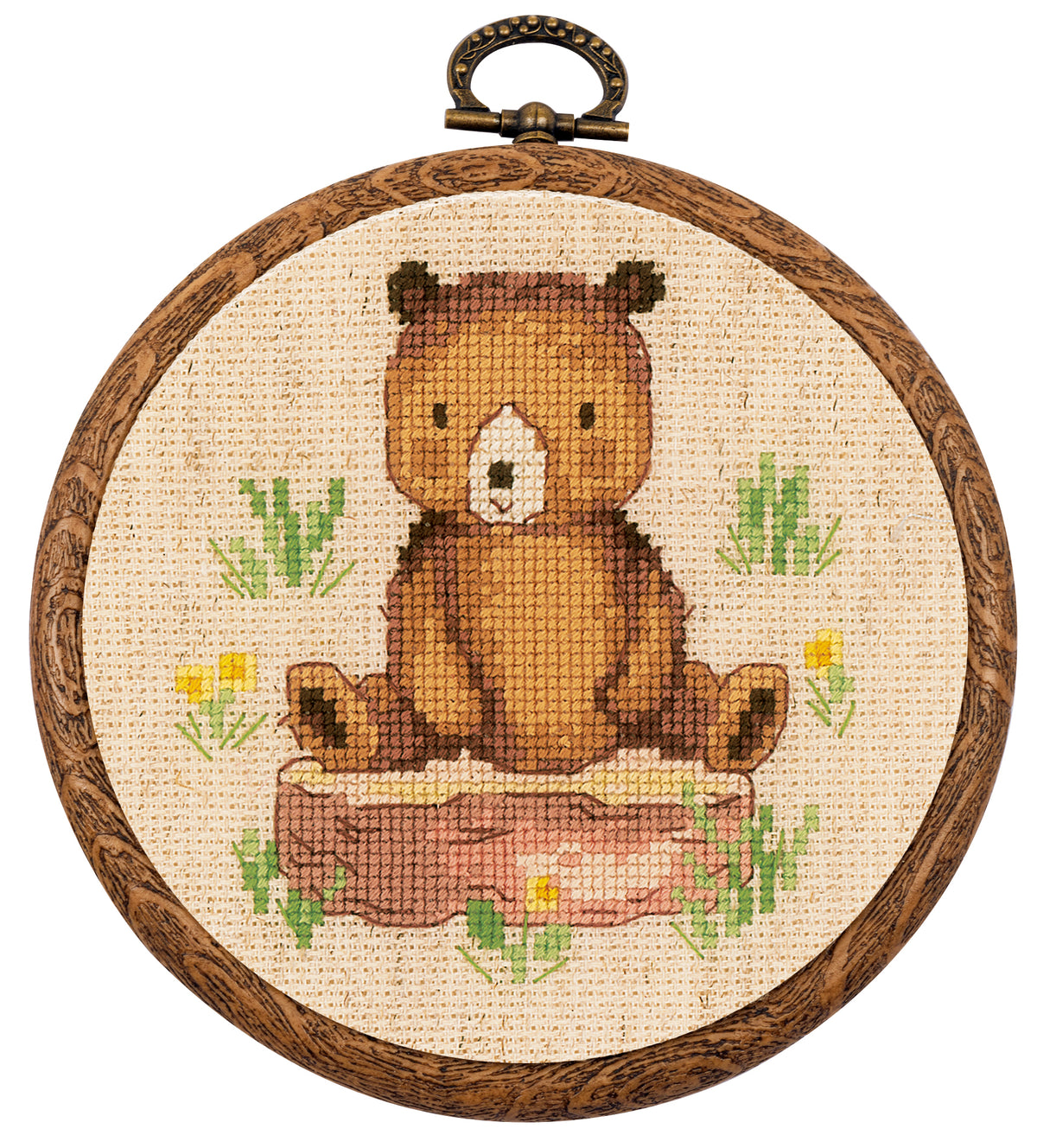 Three small cross stitch forest animal designs in round hoops