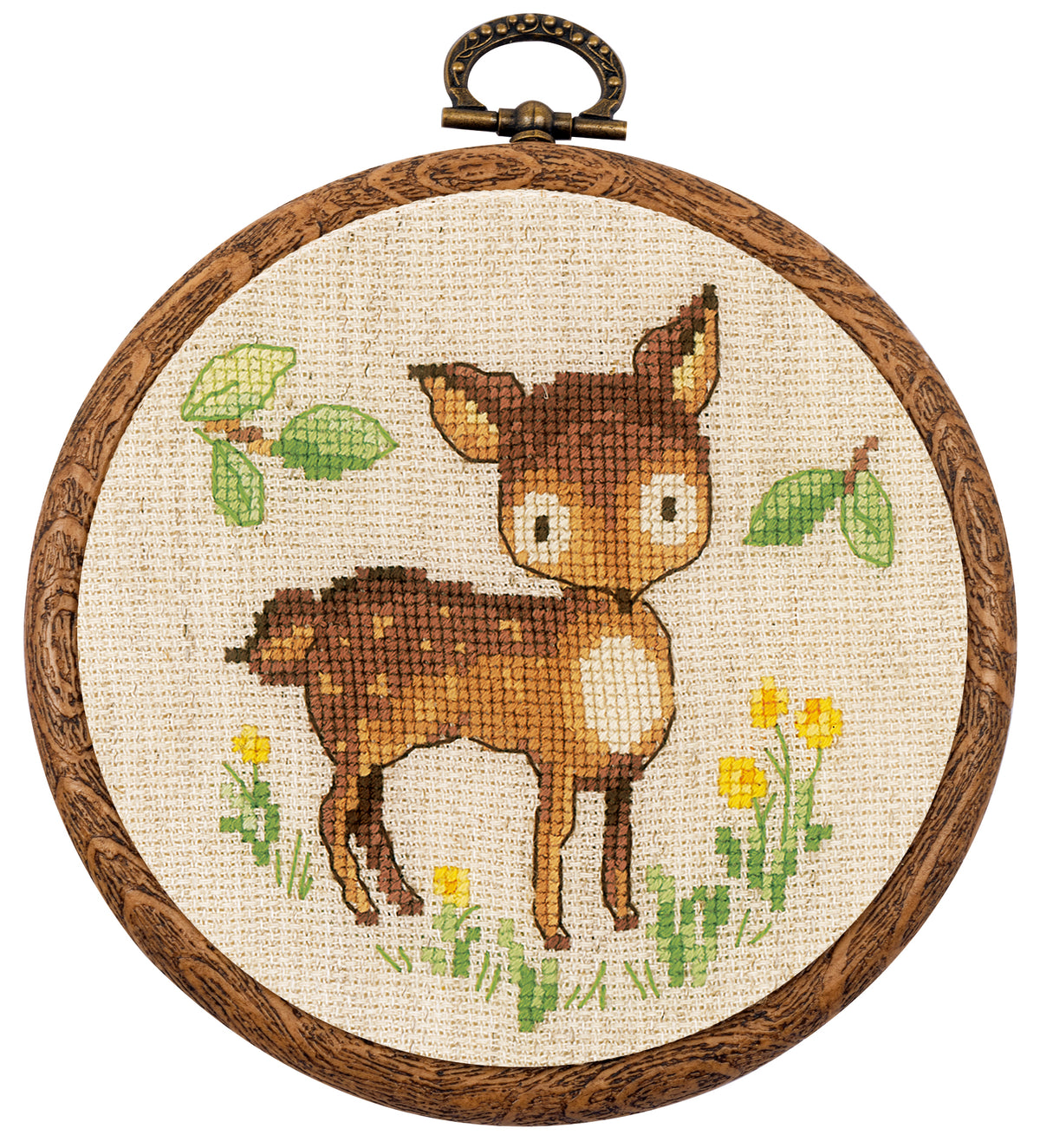 Three small cross stitch forest animal designs in round hoops