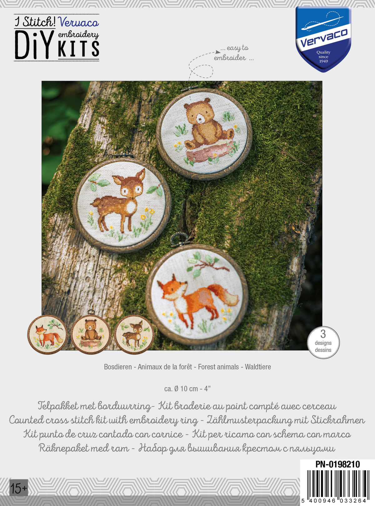 Three small cross stitch forest animal designs in round hoops