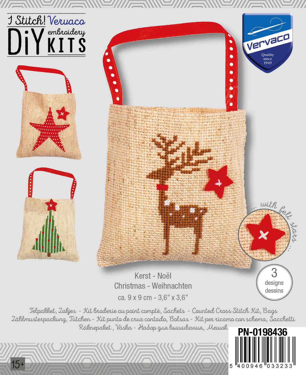 Three small aida bags cross stitched with Christmas designs