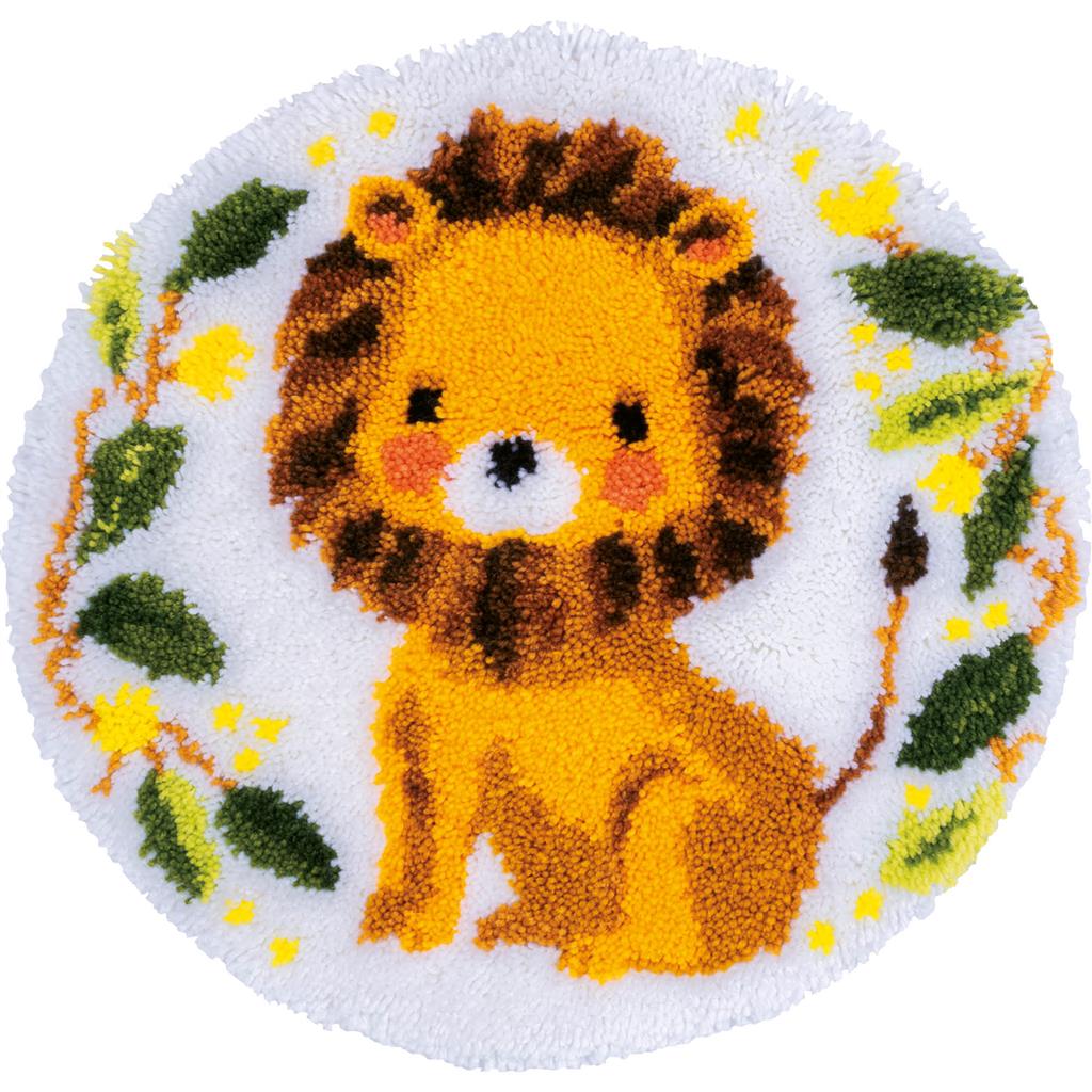 Lion-shaped latch hook rug with a shaggy mane