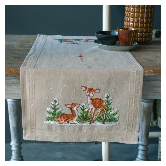 Ecru table runner embroidered with deer