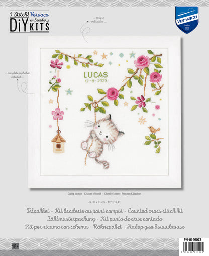 Cross stitch birth record with playful kittens