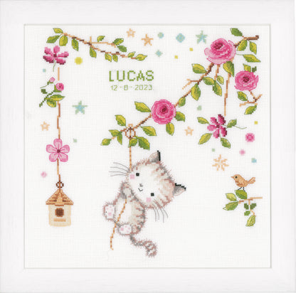 Cross stitch birth record with playful kittens