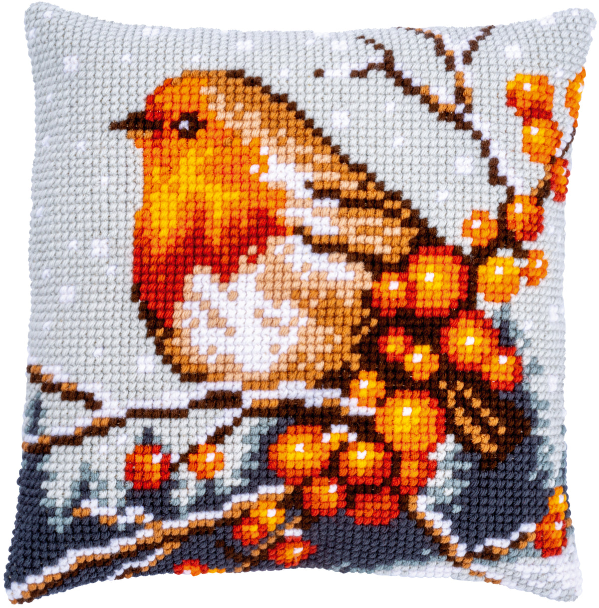 Square cushion stitched with a robin