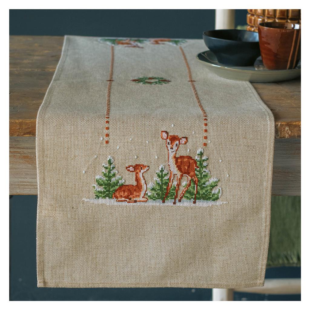 Ecru linen table runner embroidered with deer