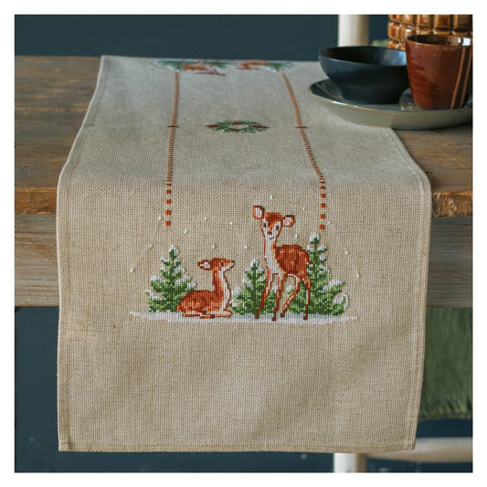 Ecru linen table runner embroidered with deer