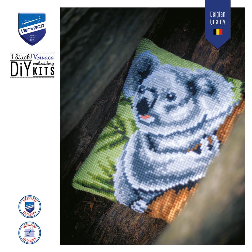 Square cushion stitched with a koala