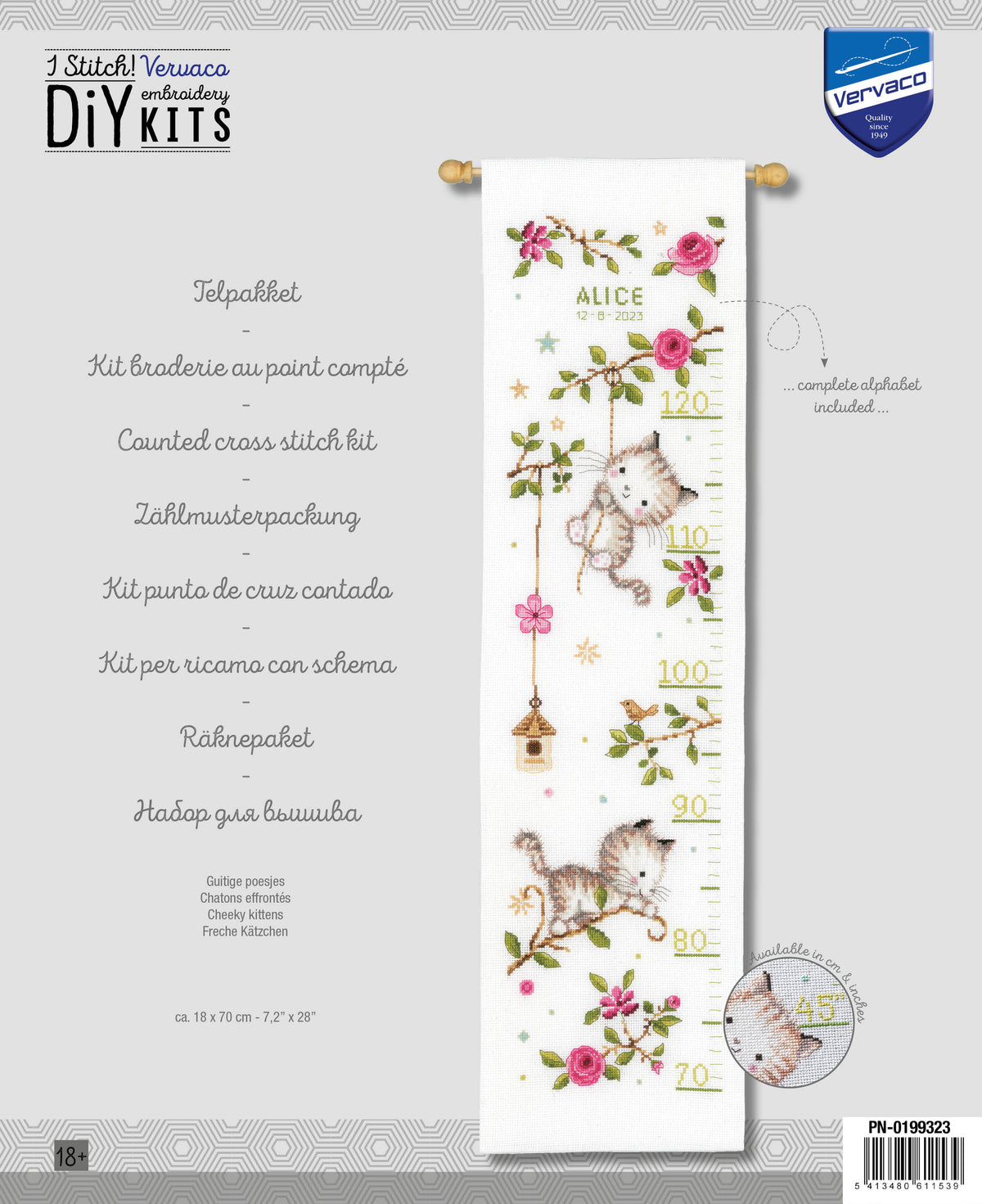 Long cross stitch height chart decorated with kittens
