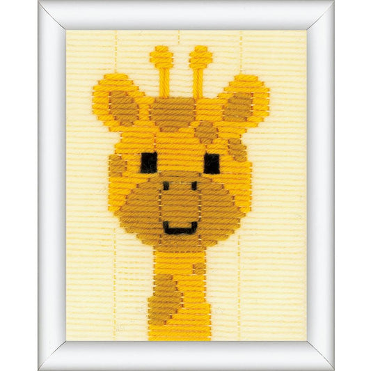 Finished sweet giraffe long stitch picture from the Vervaco kit