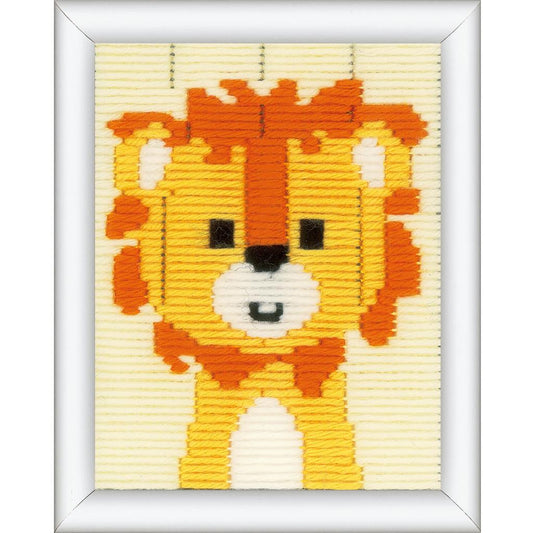 Finished cheeky lion long stitch picture from the Vervaco kit