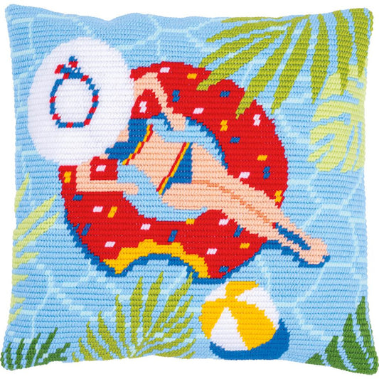 Long stitch cushion with a swimming pool design