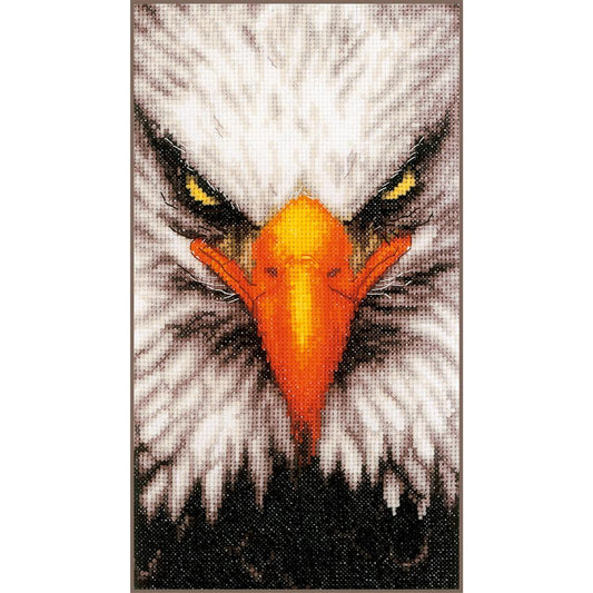 Cross stitch picture of a eagle in close-up