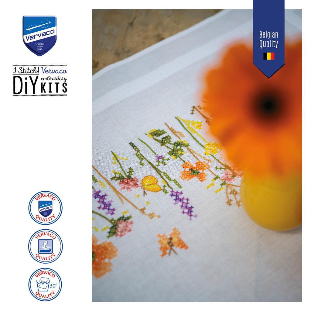 Embroidered tablecloth with lavender and field flowers design