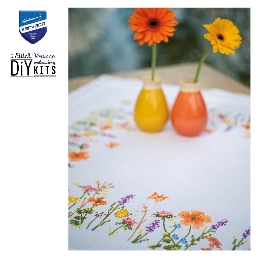 Embroidered tablecloth with lavender and field flowers design