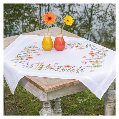 Embroidered tablecloth with lavender and field flowers design
