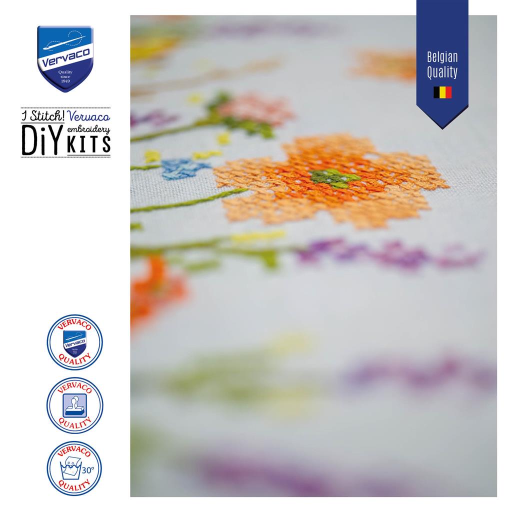 Embroidered table runner with lavender and field flowers design