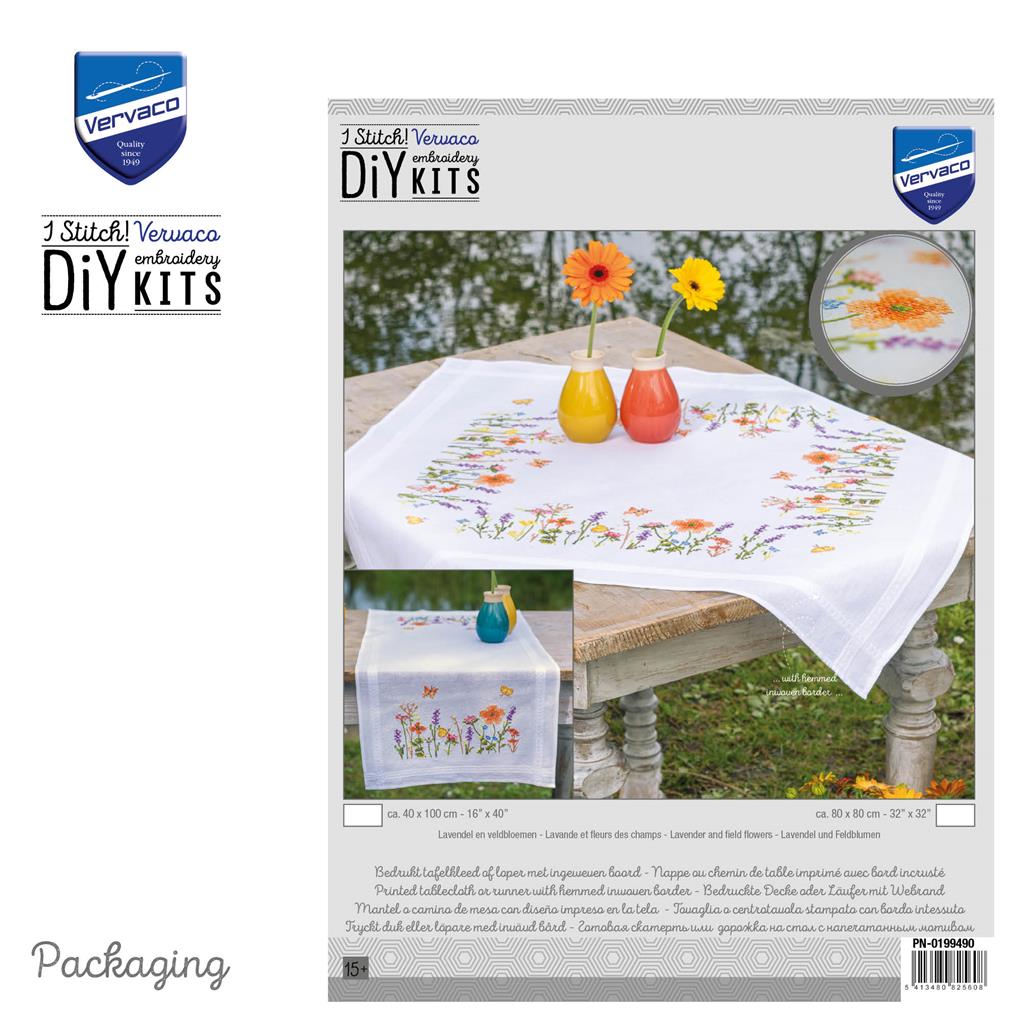 Embroidered table runner with lavender and field flowers design