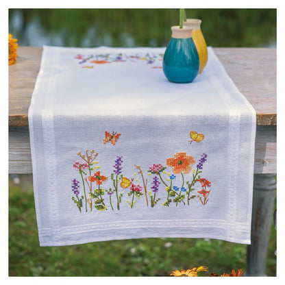Embroidered table runner with lavender and field flowers design