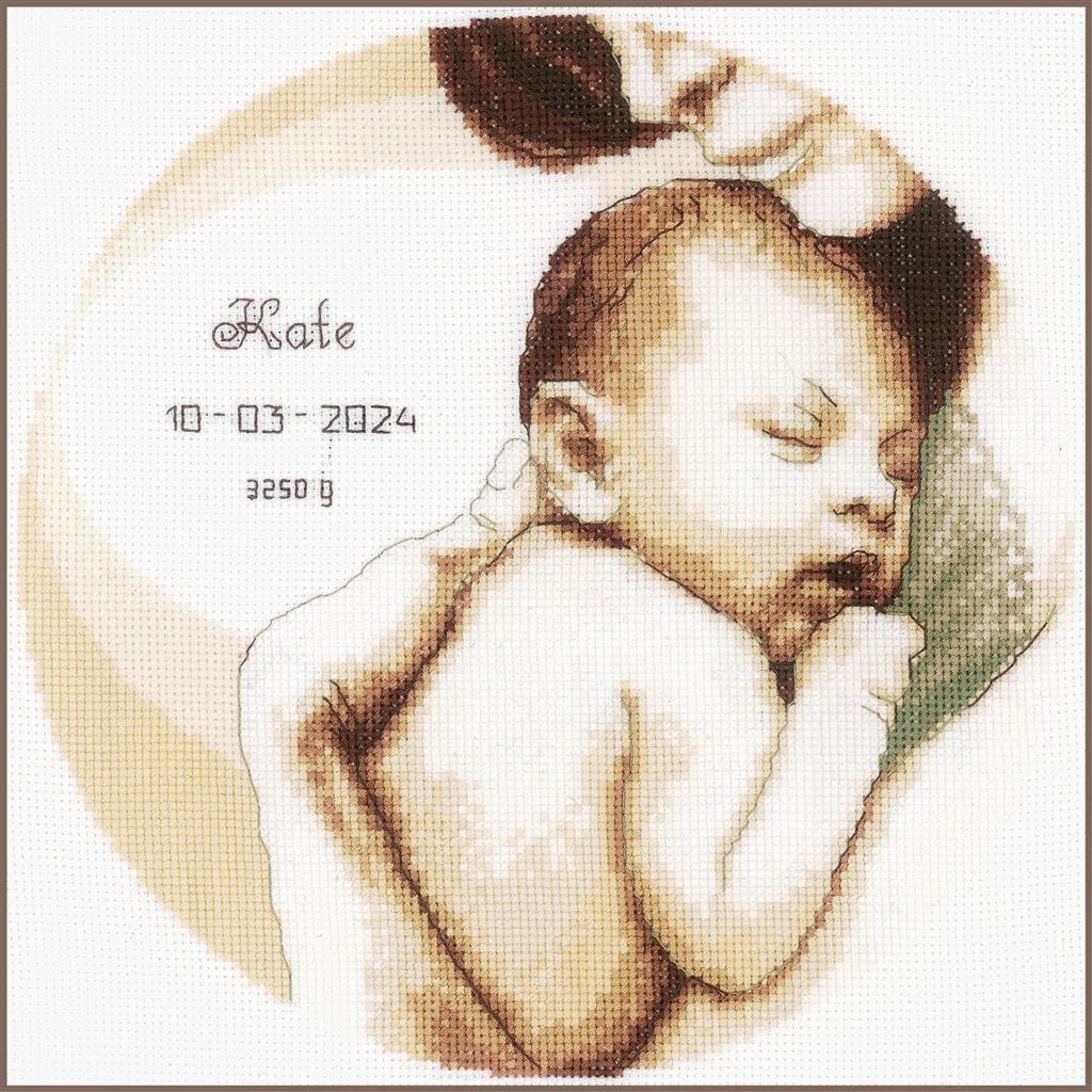 Cross stitch birth record with a mum and baby design
