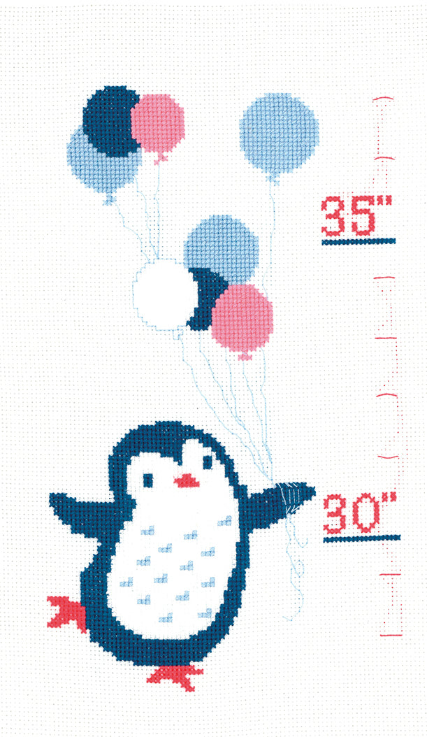 Cross stitch height chart with a penguin design