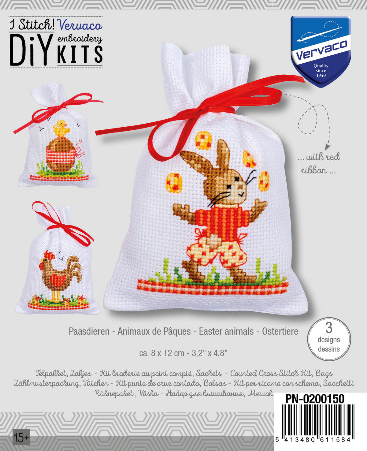 Three small cross stitch bags with easter animals designs