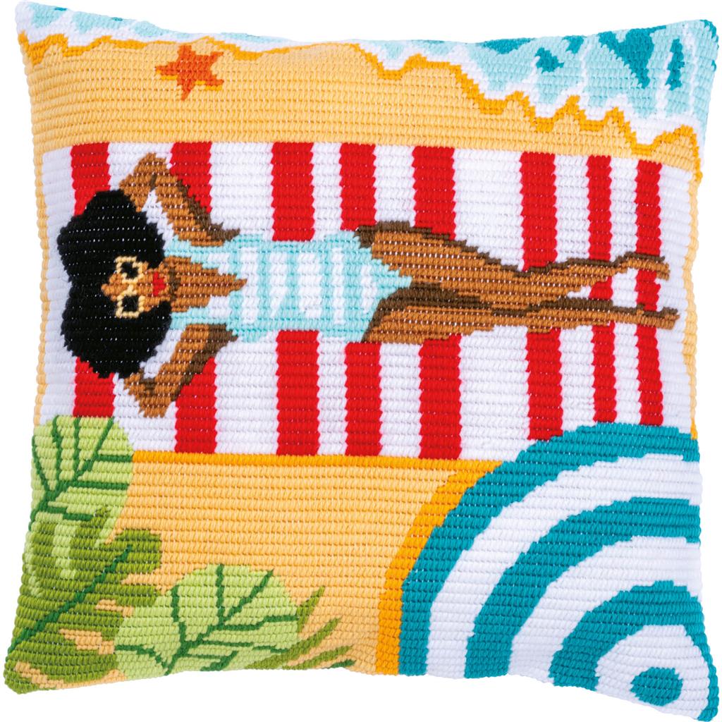 Long stitch cushion with a beach design