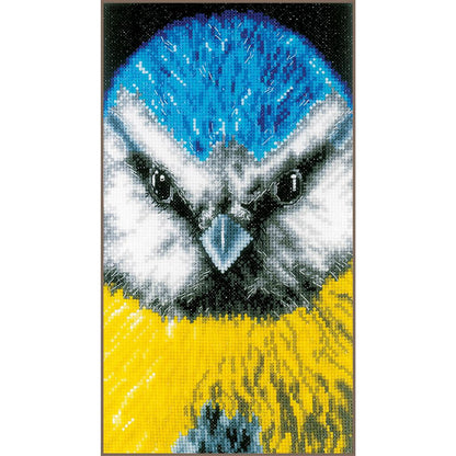 Cross stitch picture of a blue tit in close-up