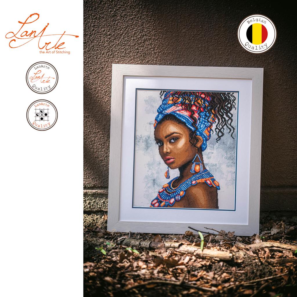 Cross stitch portrait of a woman wearing a headscarf