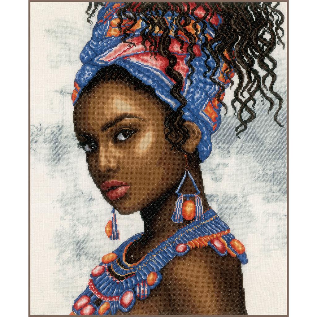 Cross stitch portrait of a woman wearing a headscarf