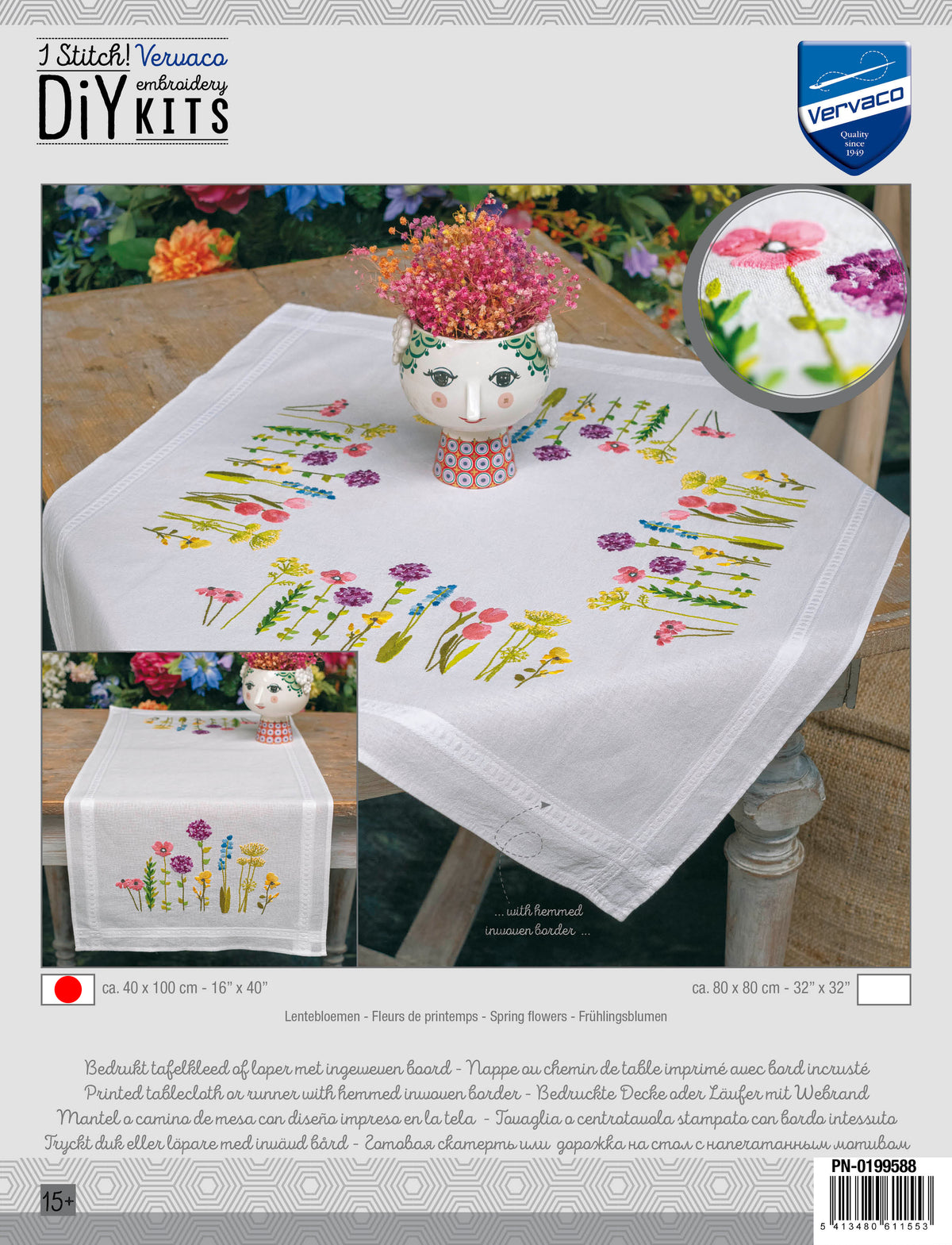 Embroidered table runner with spring flowers design